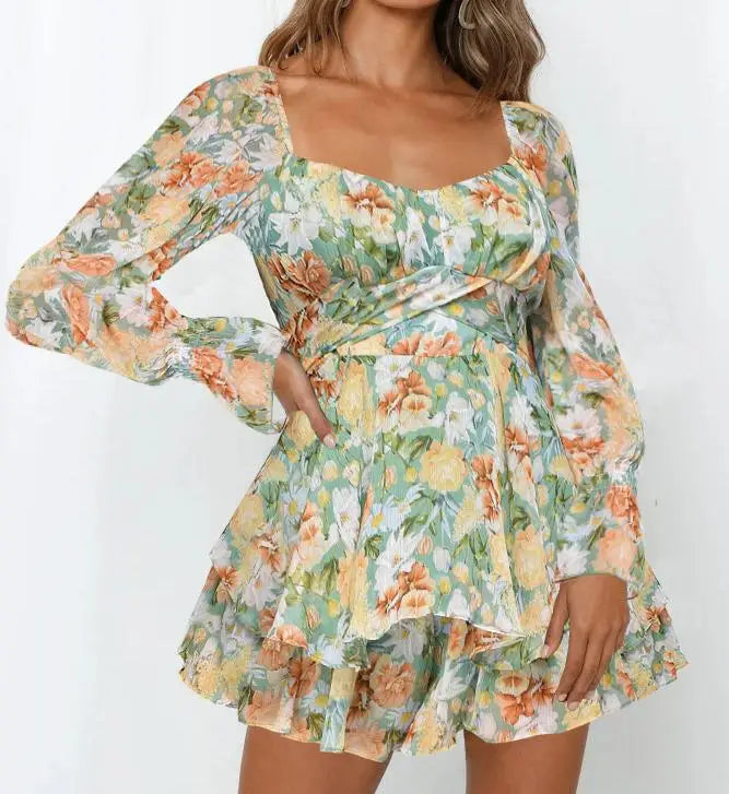 Wsevypo elegante abito da tuta floreale Bobo colletto quadrato da donna manica lunga con volant pagliaccetto svasato fasciatura posteriore abito a vita alta
