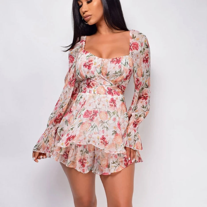 Wsevypo elegante abito da tuta floreale Bobo colletto quadrato da donna manica lunga con volant pagliaccetto svasato fasciatura posteriore abito a vita alta