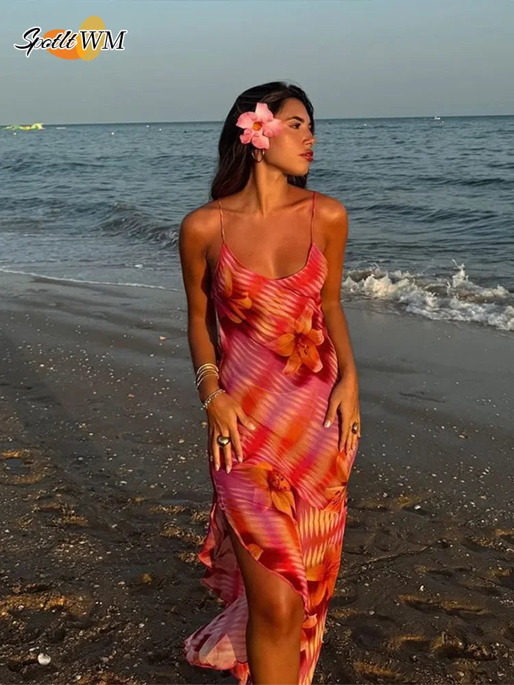 Chic Flower Printed V Neck Beach Dress For Women Fashion Sleeveless Backless Ruffles Midi Dresses 2025 Summer Lady Holiday Robes