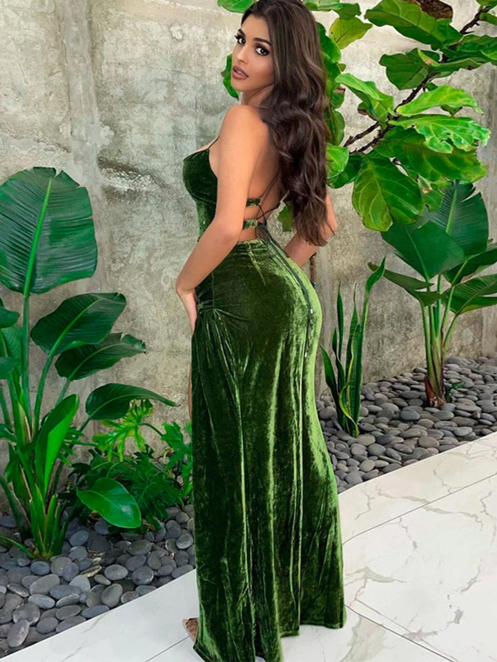 Lace Up Green Velvet Strap Maxi Dress