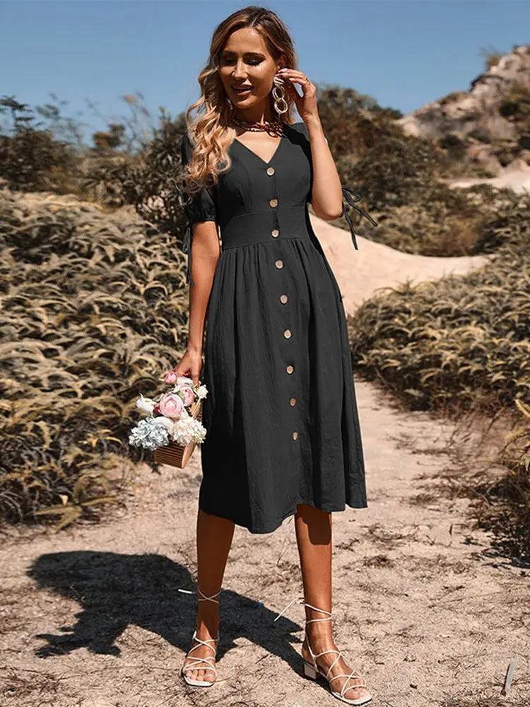 Summer Women Short Sleeve V Neck Solid Color Single Breasted Cotton Linen A Line Dress