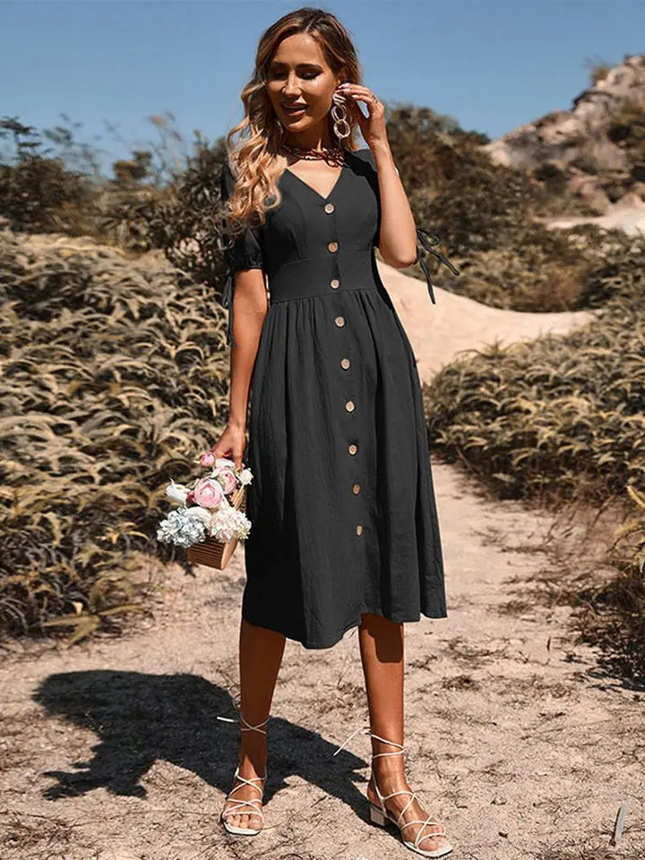 Summer Women Short Sleeve V Neck Solid Color Single Breasted Cotton Linen A Line Dress