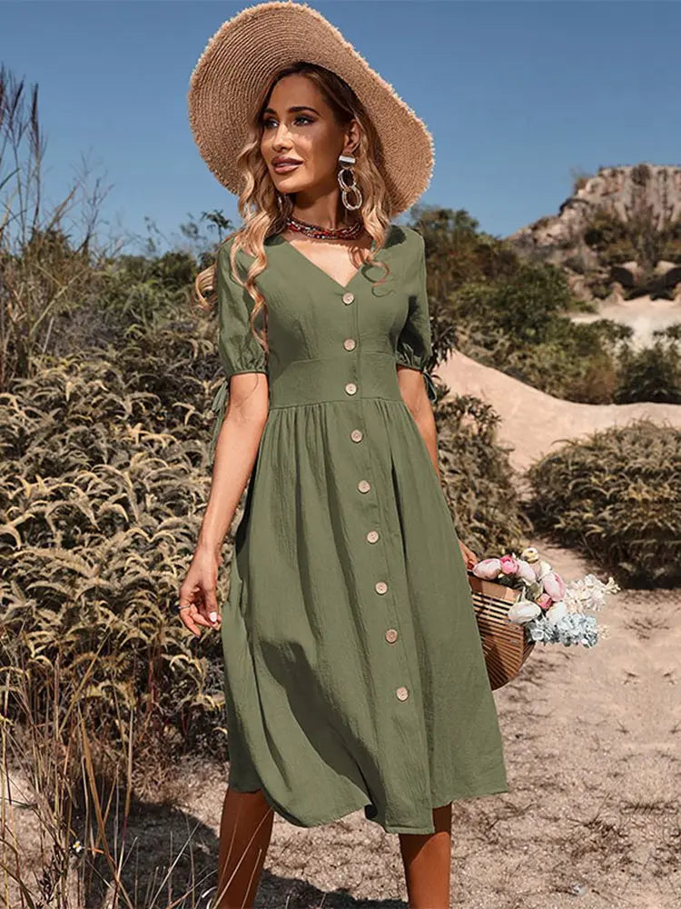 Summer Women Short Sleeve V Neck Solid Color Single Breasted Cotton Linen A Line Dress