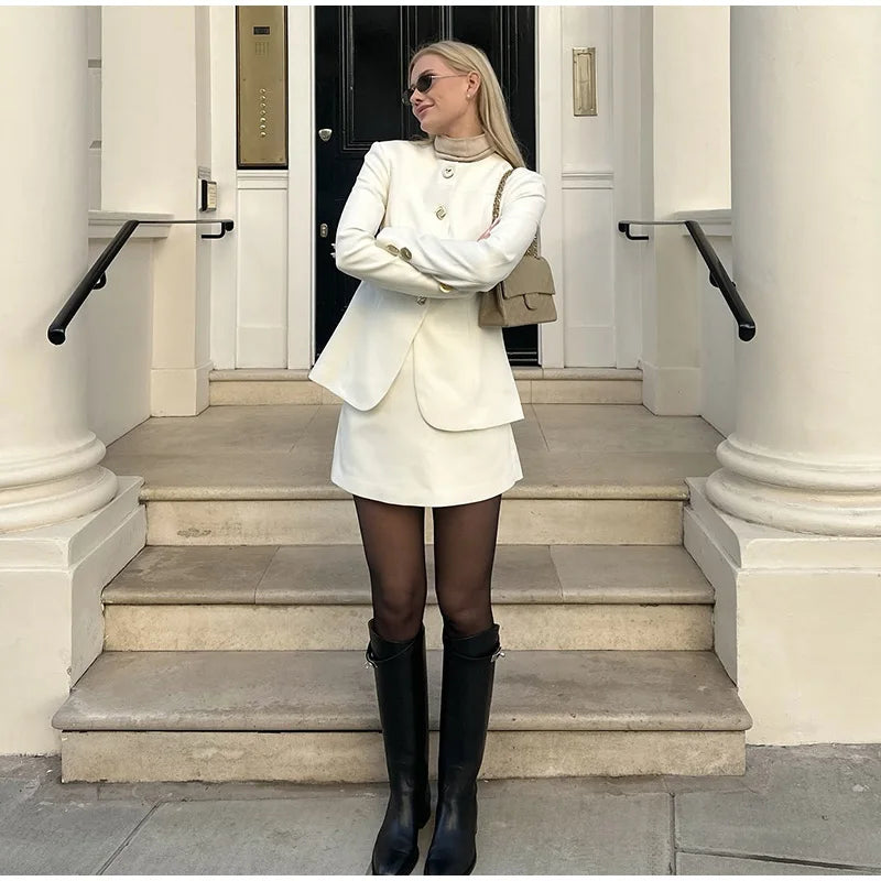 Elegant Women Coat Mini Skirt Sets Chic Single Breasted Long Sleeve Jackeet Short Skirts Female Suit 2025 Spring Office Lady Set