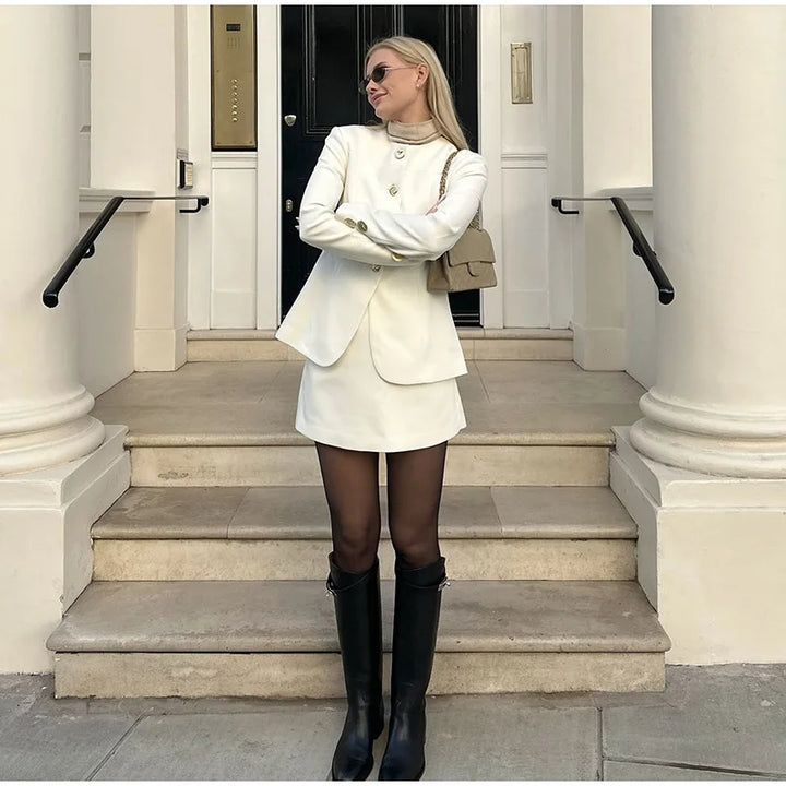 Elegant Women Coat Mini Skirt Sets Chic Single Breasted Long Sleeve Jackeet Short Skirts Female Suit 2025 Spring Office Lady Set