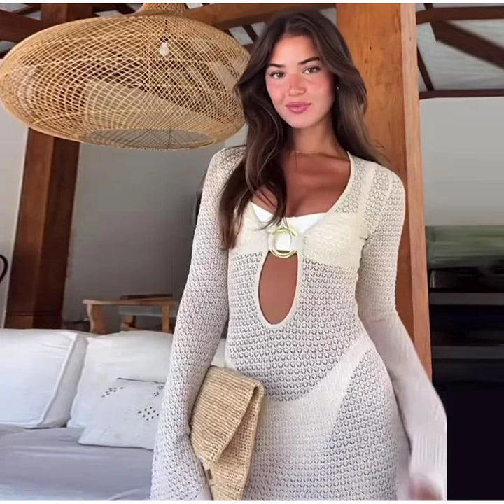 Sexy Hollow Out Knitted Dress Women Metal Ring Long Flare Sleeve Split Solid Maxi Dress Female 2025 V-neck Slim Lady Party Robes