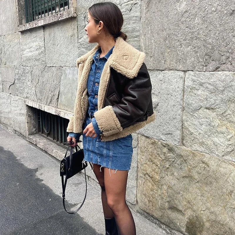 90s Vintage Fashion Girls Brown Faux Leather Shearling Jacket