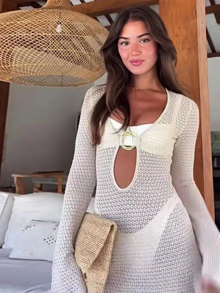 Sexy Hollow Out Knitted Dress Women Metal Ring Long Flare Sleeve Split Solid Maxi Dress Female 2025 V-neck Slim Lady Party Robes