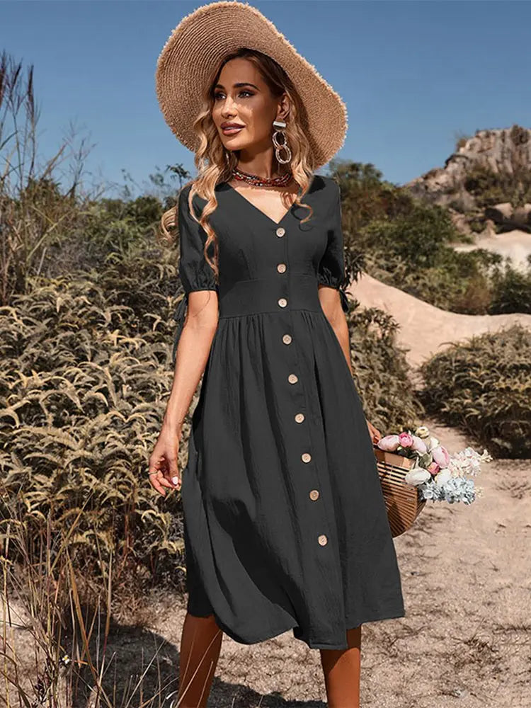 Summer Women Short Sleeve V Neck Solid Color Single Breasted Cotton Linen A Line Dress