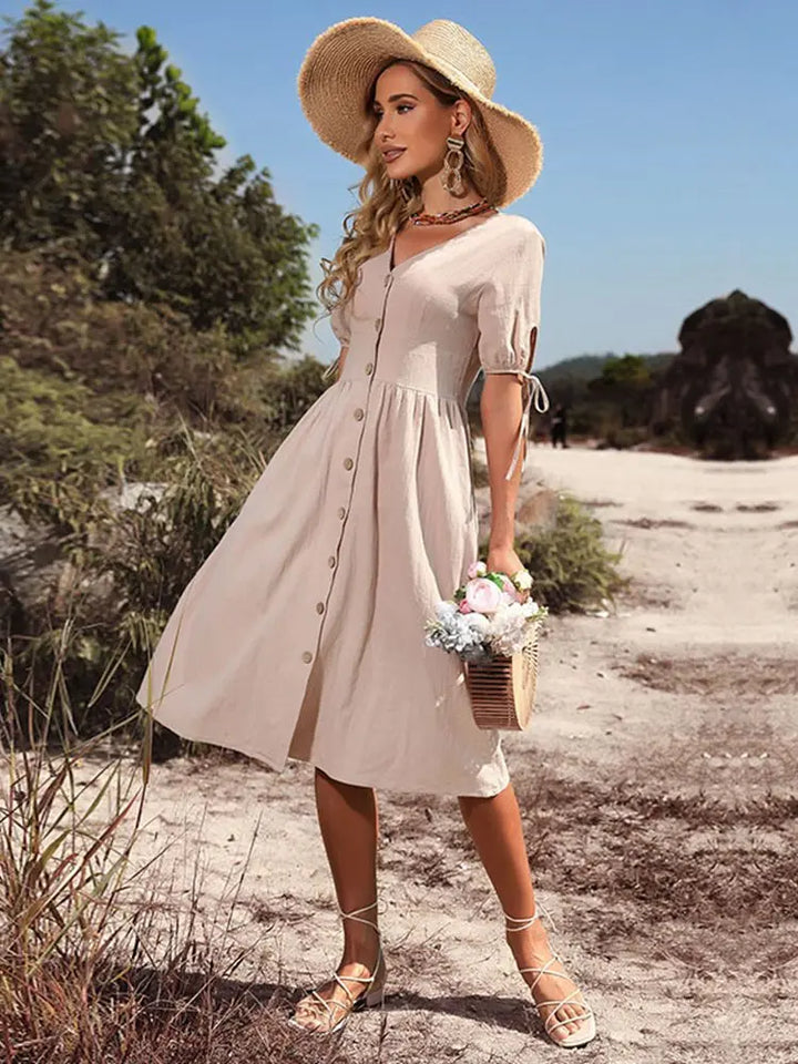Summer Women Short Sleeve V Neck Solid Color Single Breasted Cotton Linen A Line Dress
